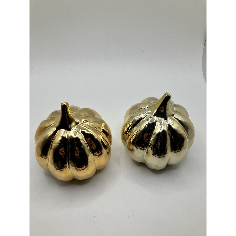 Pair of Gold Colored Thanksgiving Decor Pumpkins Fall Centerpiece Farmhouse